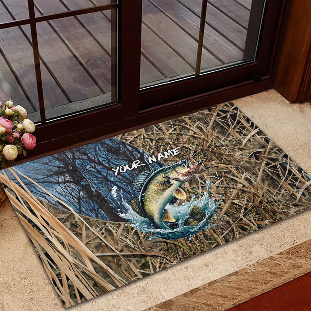 Personalized Walleye Splash Rubber Doormat Camo Reeds and Night Forest Fishing Theme TS04