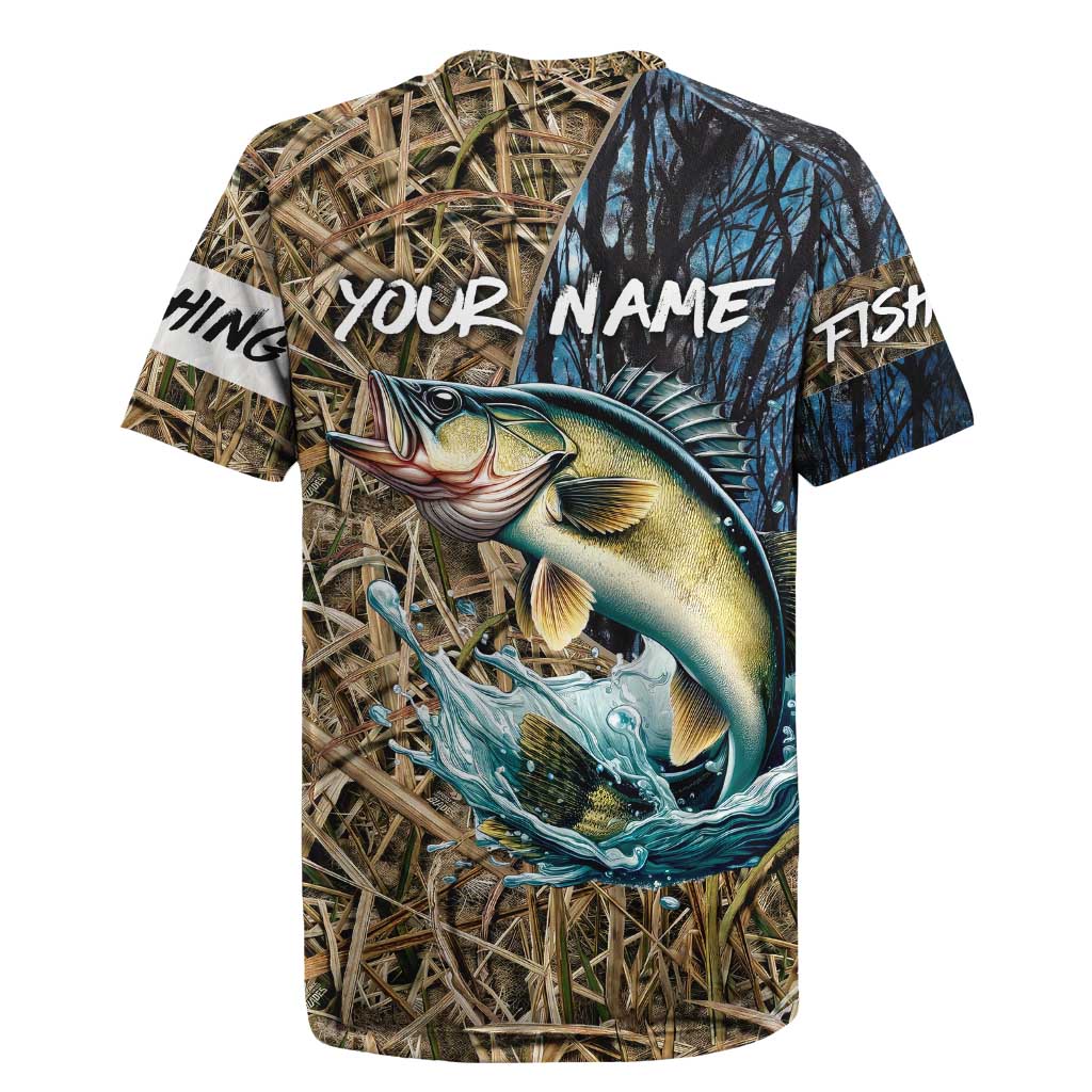 Fishing rugby jersey back with camo reeds, blue splash, walleye graphic, YOUR NAME