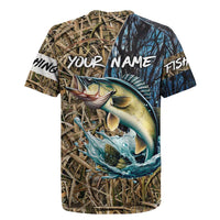 Fishing rugby jersey back with camo reeds, blue splash, walleye graphic, YOUR NAME