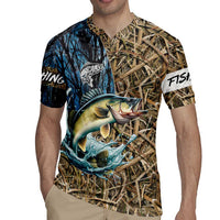 Walleye splash fishing rugby jersey front with walleye and water splash art, FISHING sleeve