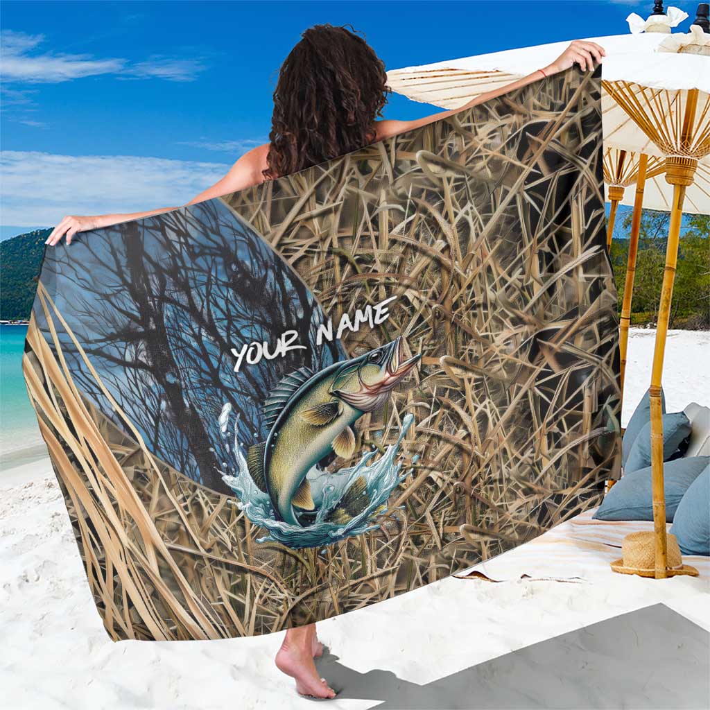 Personalized walleye camo sarong with reeds and splash fish, custom name text