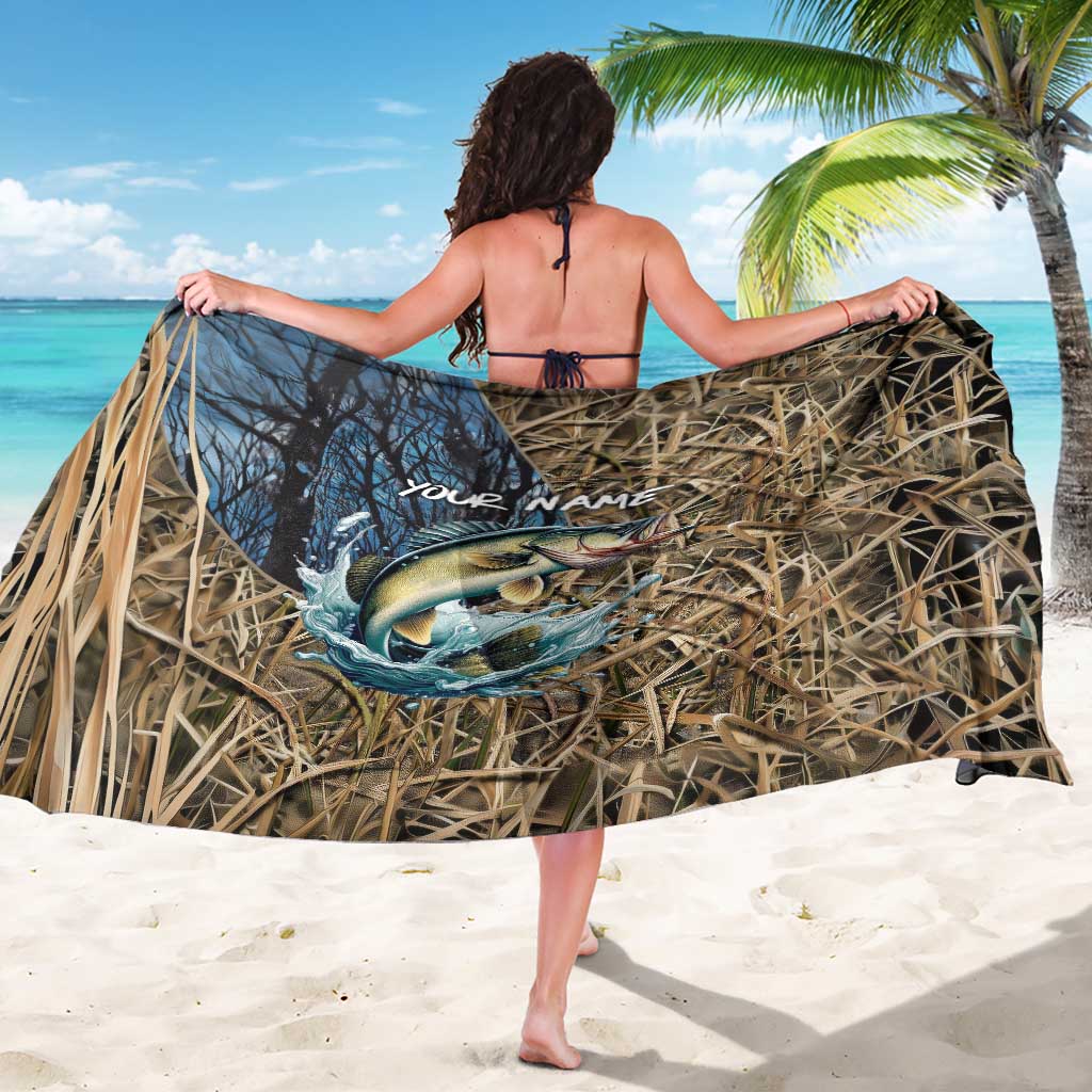 Personalized walleye camo sarong, back view with reeds graphic and custom name