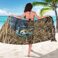 Personalized walleye camo sarong, back view with reeds graphic and custom name