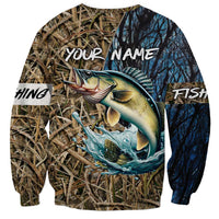 Personalized Walleye Splash Sweatshirt Camo Reeds and Night Forest Fishing Theme - Wonder Print Shop