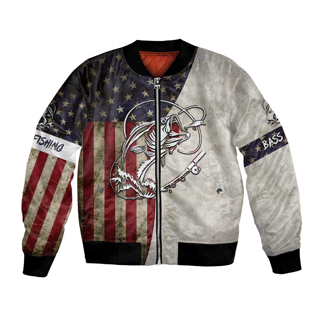 Unisex distressed bomber jacket with flag panels, hooked fish graphic, front zip