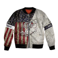 Unisex distressed bomber jacket with flag panels, hooked fish graphic, front zip