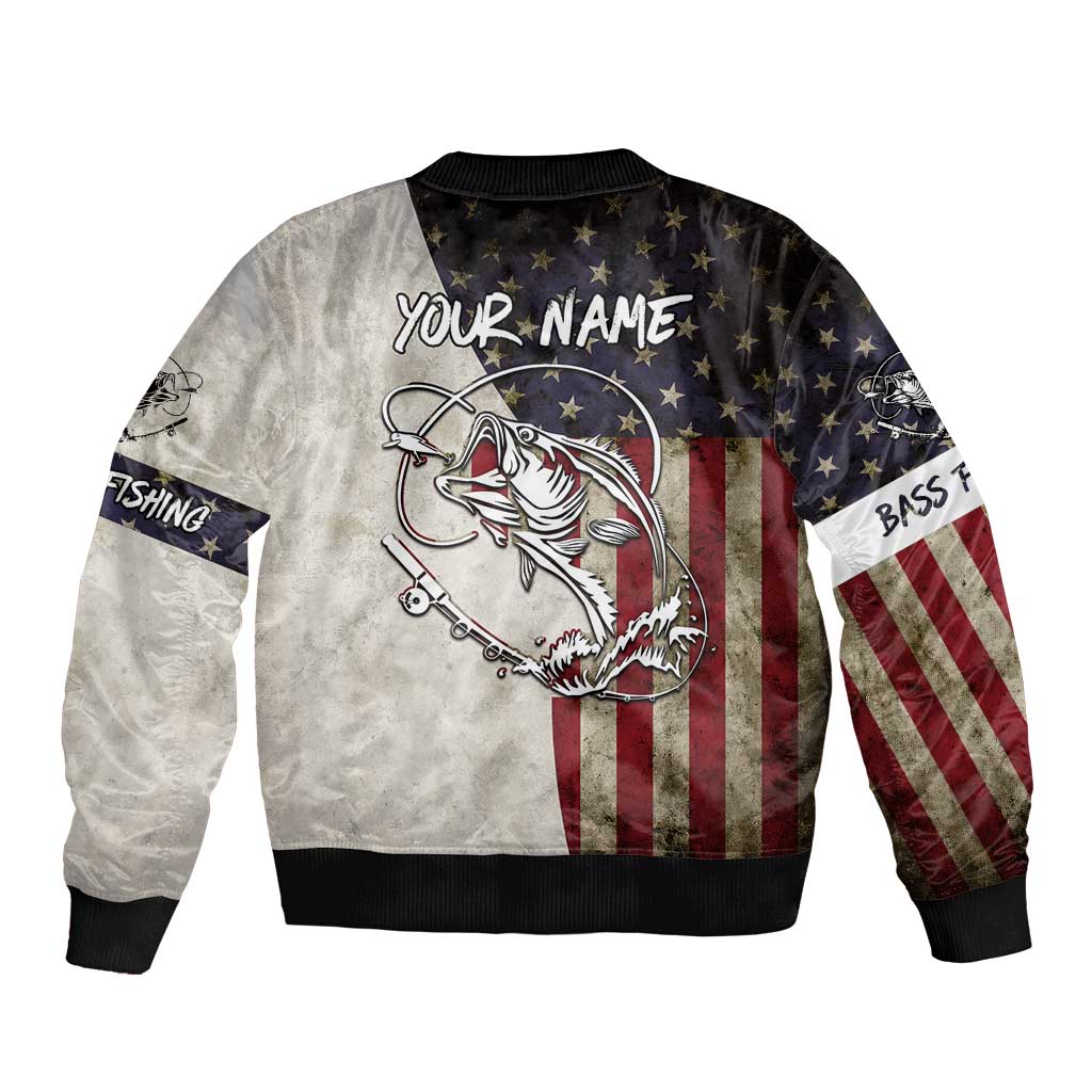Unisex bomber jacket back with custom name text, hooked fish and American flag graphics