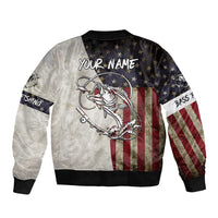 Unisex bomber jacket back with custom name text, hooked fish and American flag graphics