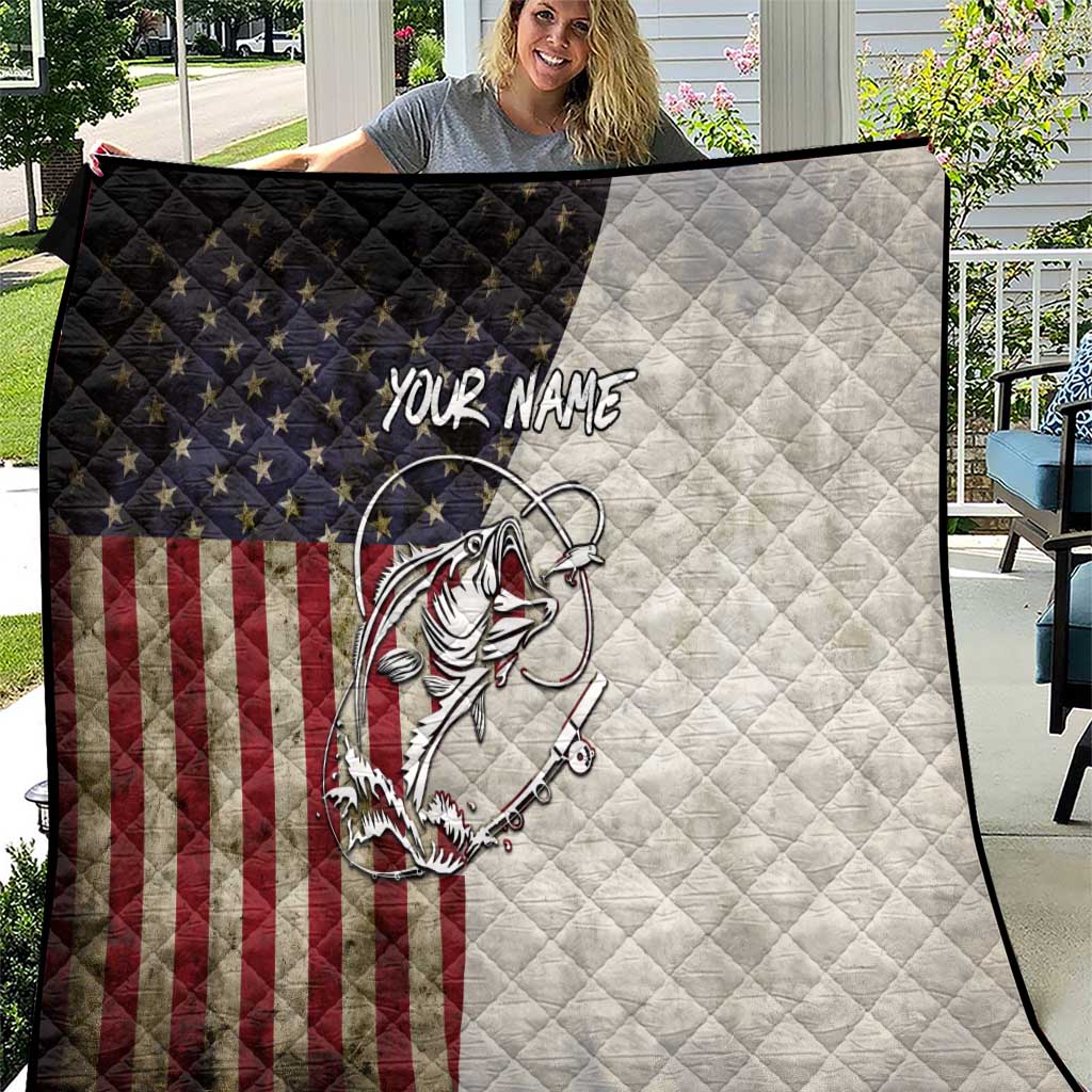 Personalized quilted American flag bass fishing design, name text and hooked fish