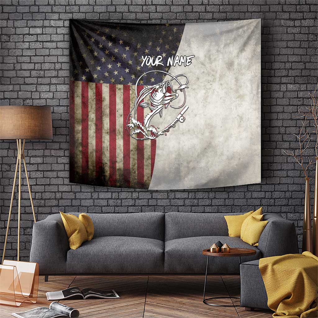 Personalized distressed American flag fishing tapestry with hooked fish graphic and 'YOUR NAME'