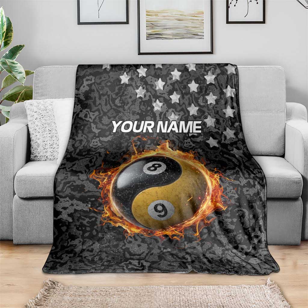 Personalized billiards blanket on couch in black camo with fiery yin-yang 8 and 9 balls