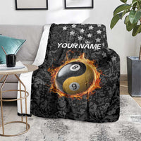 Personalized billiards blanket in black camo with fiery 8/9 yin-yang balls, star pattern