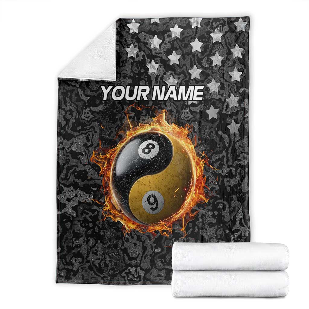 Personalized billiards blanket in black camo with fiery yin-yang 8 and 9 balls and stars