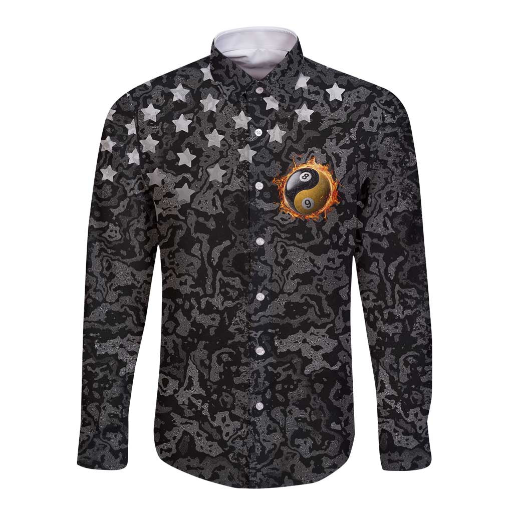 Personalized Yin Yang Billiards Long Sleeve Button Shirt 8 Ball and 9 Ball in Fiery Black Camo Pattern - Wonder Print Shop
