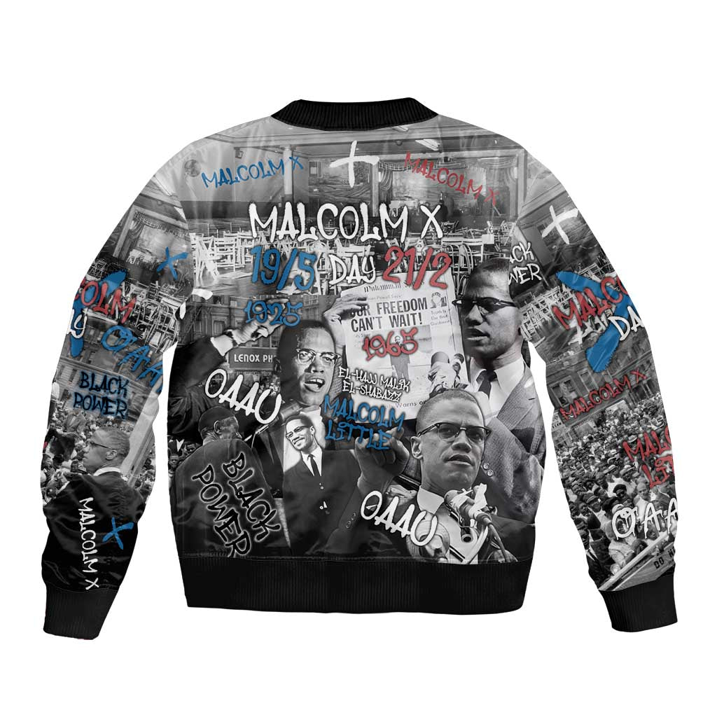 Malcolm X Sleeve Zip Bomber Jacket Quotes Dates and Black History Activist Theme - Wonder Print Shop