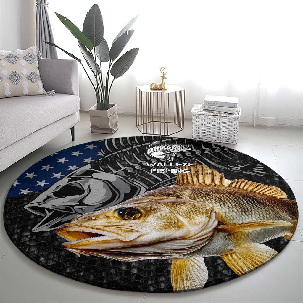 Walleye Fishing Skeleton Personalized Round Carpet Grunge American Flag and Realistic Fish Graphic - Wonder Print Shop