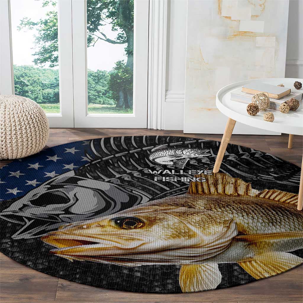 Walleye Fishing Skeleton Personalized Round Carpet Grunge American Flag and Realistic Fish Graphic - Wonder Print Shop