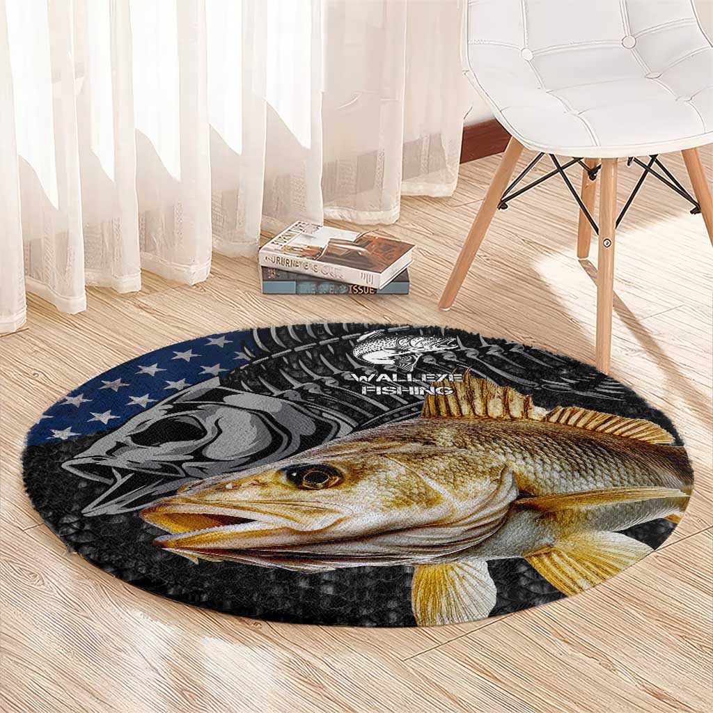 Walleye Fishing Skeleton Personalized Round Carpet Grunge American Flag and Realistic Fish Graphic - Wonder Print Shop