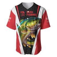 Red/black/white bass fishing baseball jersey with fish graphic and lightning stripes