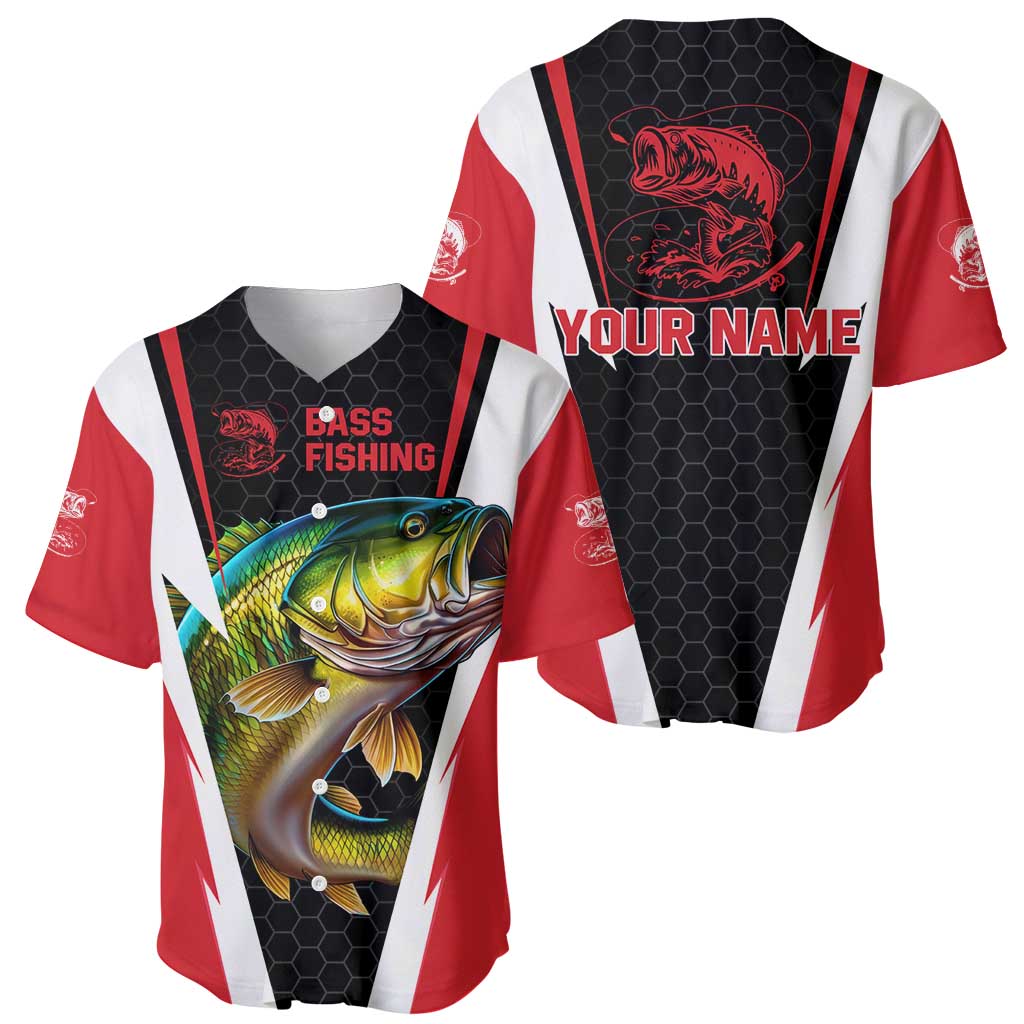 Red/black/white bass fishing baseball jerseys front and back with fish graphics
