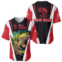 Red/black/white bass fishing baseball jerseys front and back with fish graphics