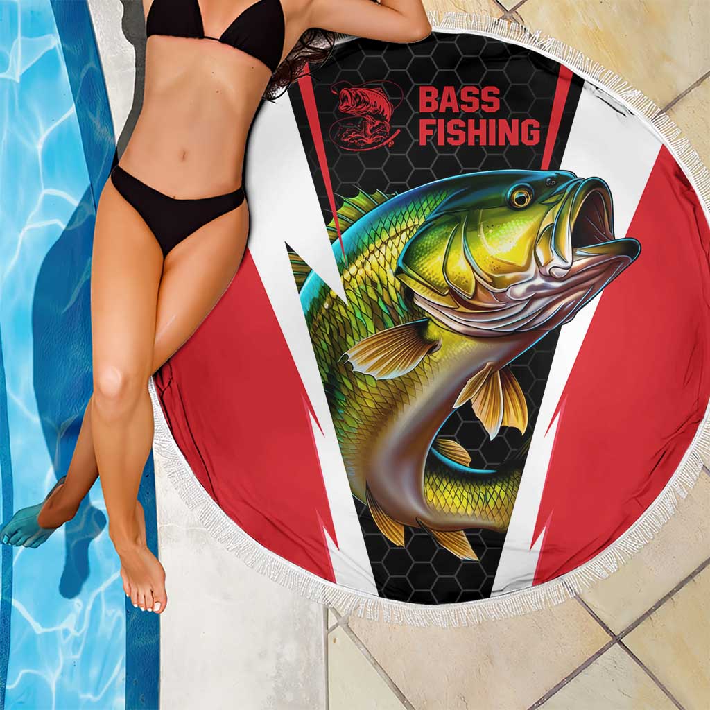 Bass Fishing Personalized Beach Blanket Bold Red and Black Lightning Pattern and Honeycomb Background - Wonder Print Shop