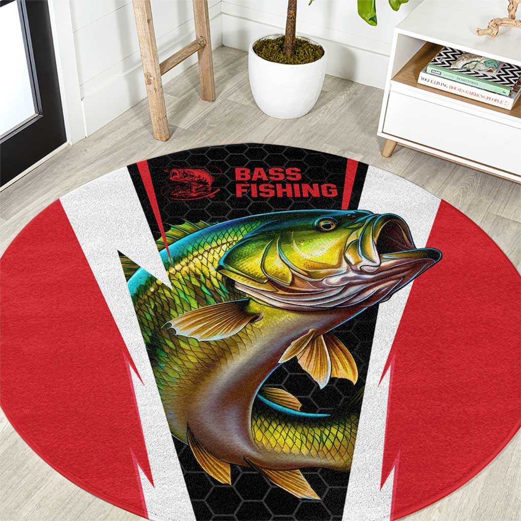 Round red black carpet with bass fishing graphic, lightning bolts and honeycomb pattern