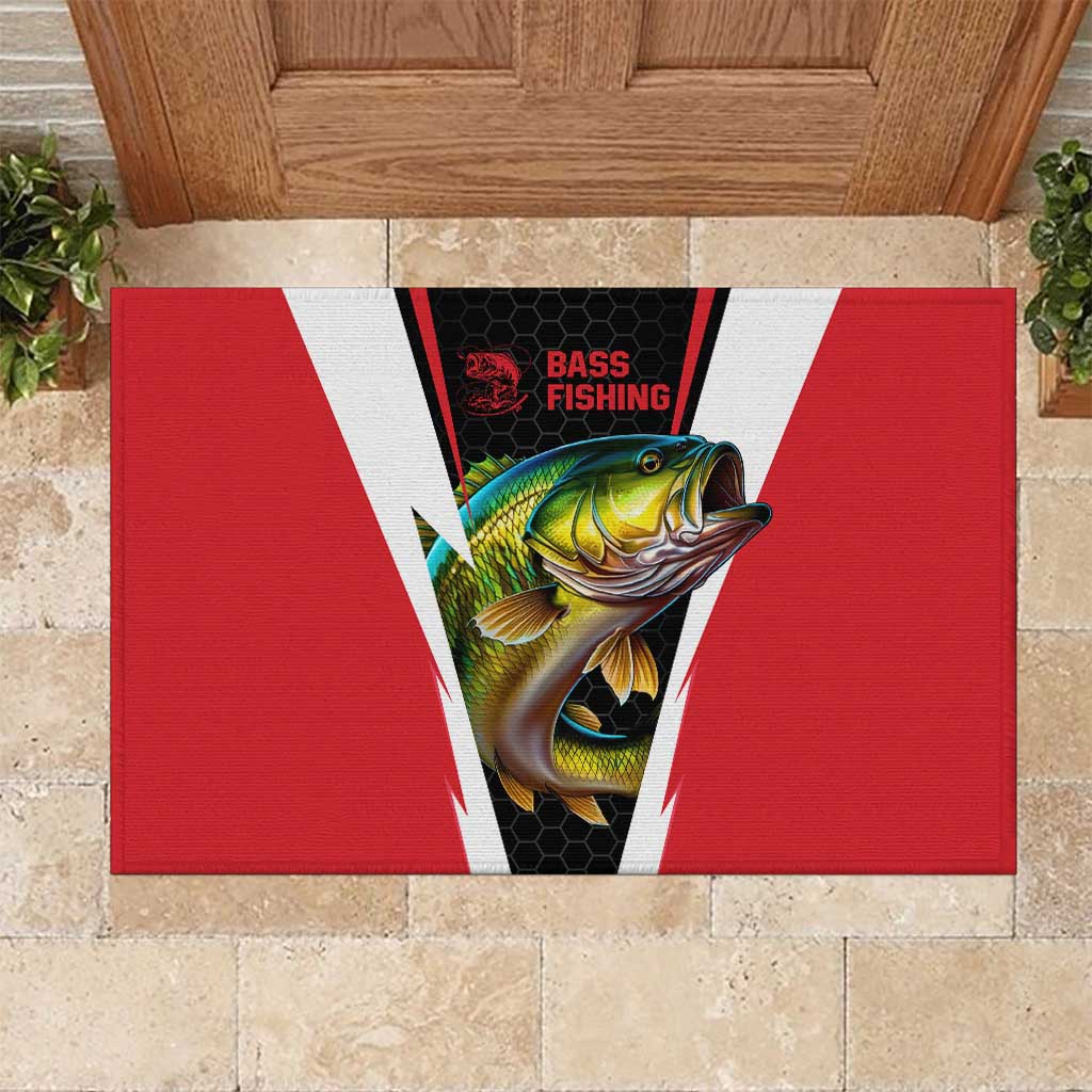Red rubber doormat with bass fishing graphic, black lightning and honeycomb pattern