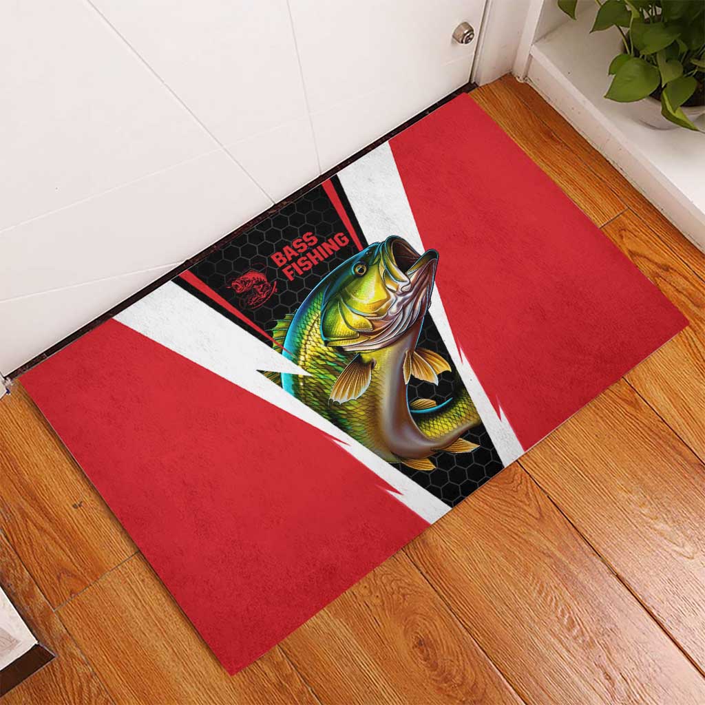 Red rubber doormat with centered bass fishing graphic, black honeycomb panel and stripes