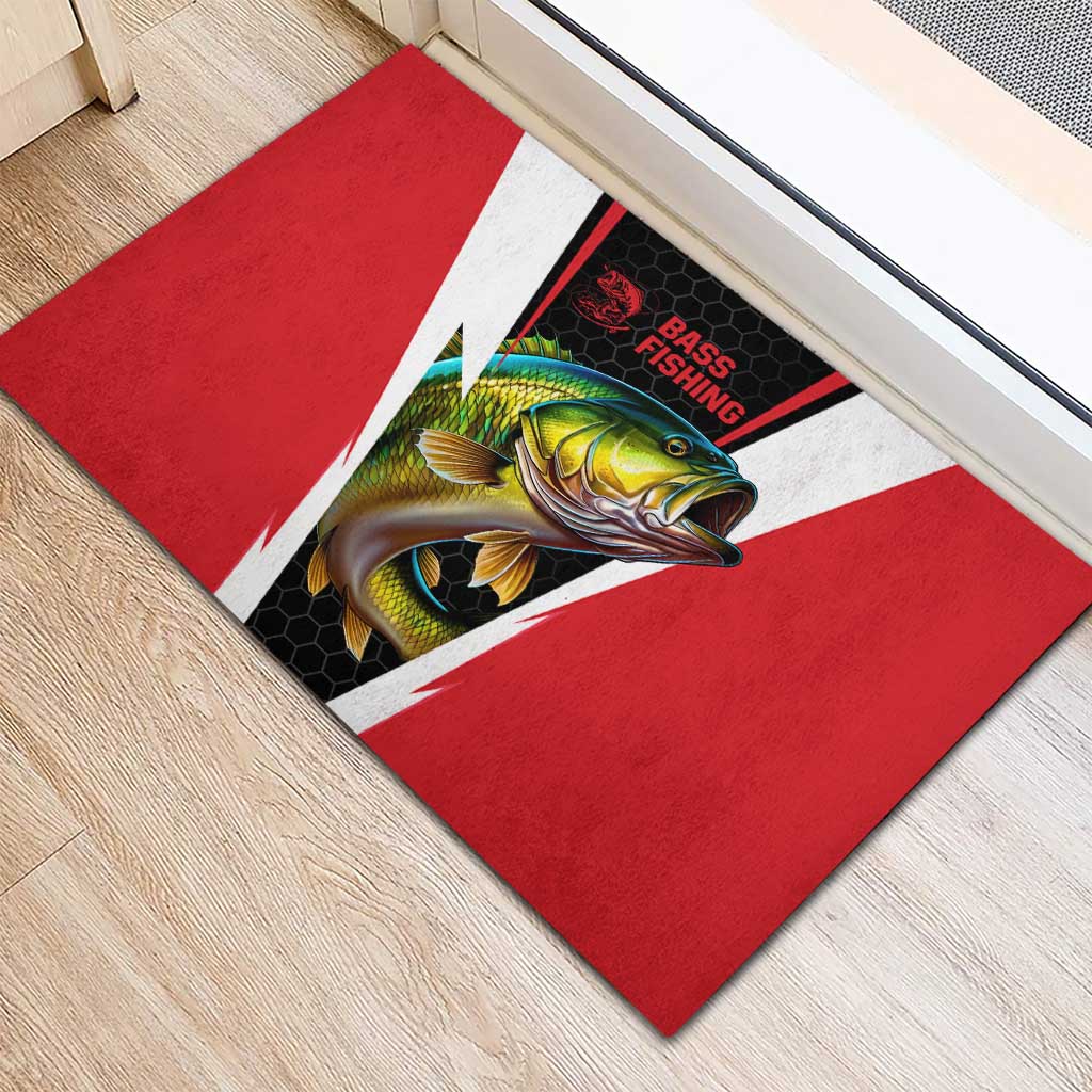 Red rubber doormat with bass fishing fish graphic, white lightning stripe and black accents