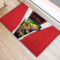 Red rubber doormat with bass fishing fish graphic, white lightning stripe and black accents