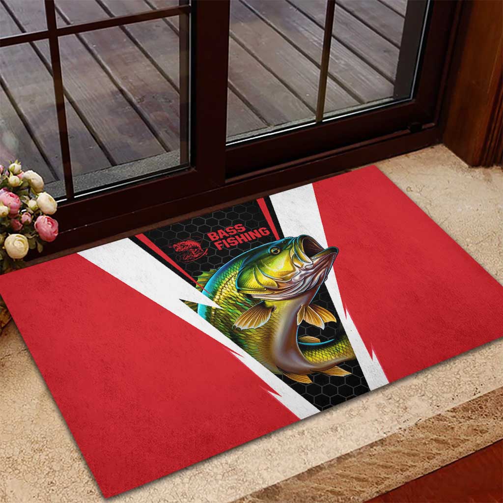 Red rubber doormat with bass fishing fish art, white lightning stripe and black honeycomb