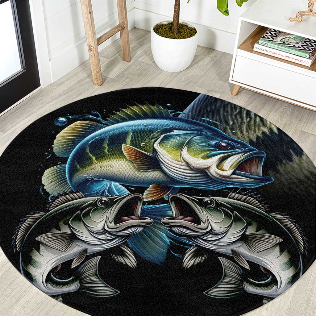 Round black fish-themed area rug with largemouth bass and scale graphic