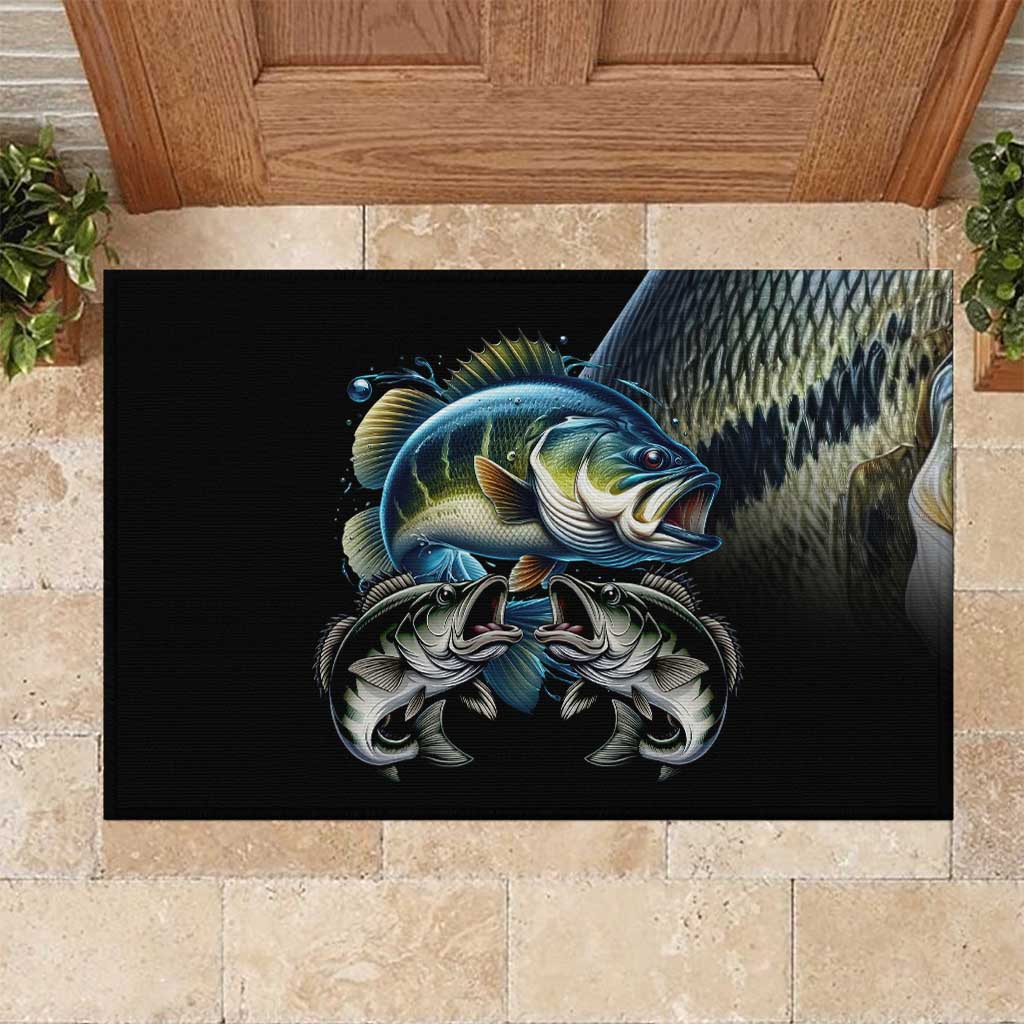 Black rubber doormat with blue largemouth bass and silver fish graphic