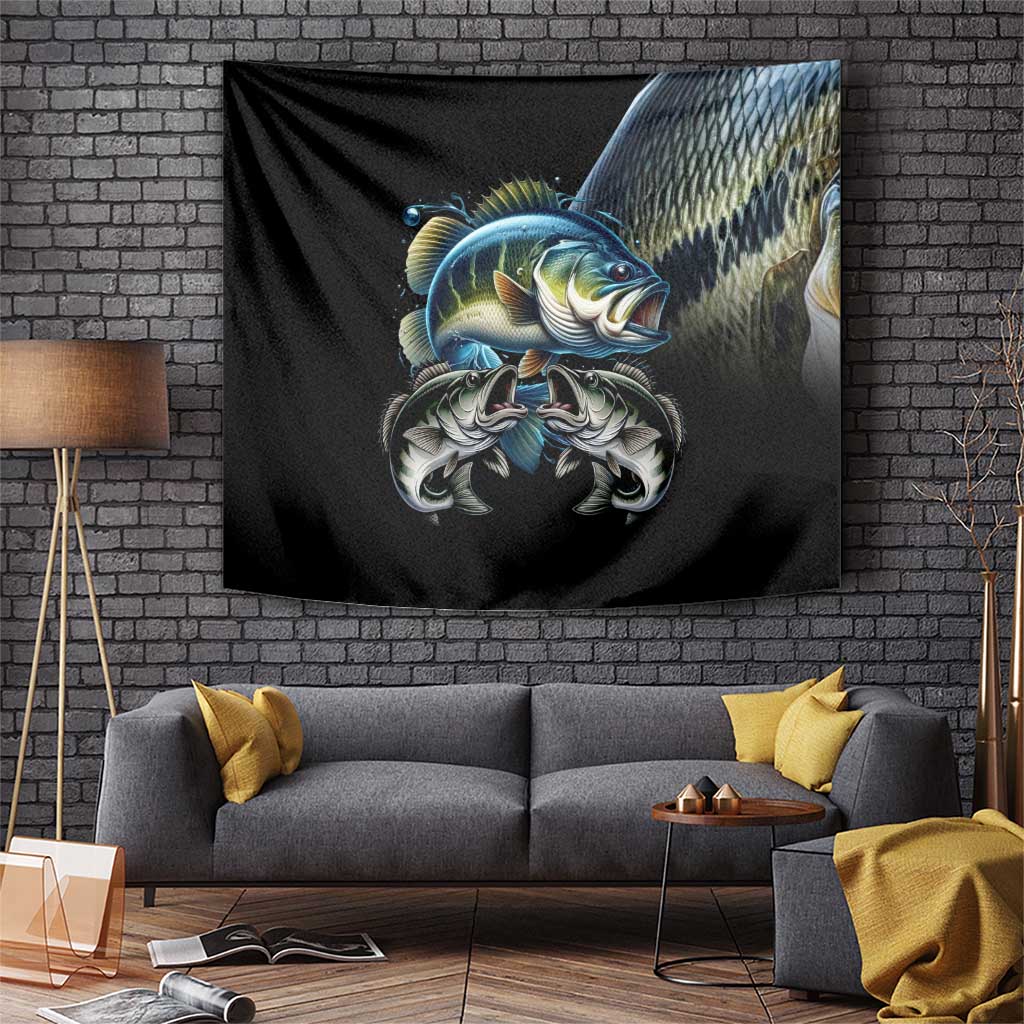 Black fish-themed tapestry wall hanging with largemouth bass and scaled artwork