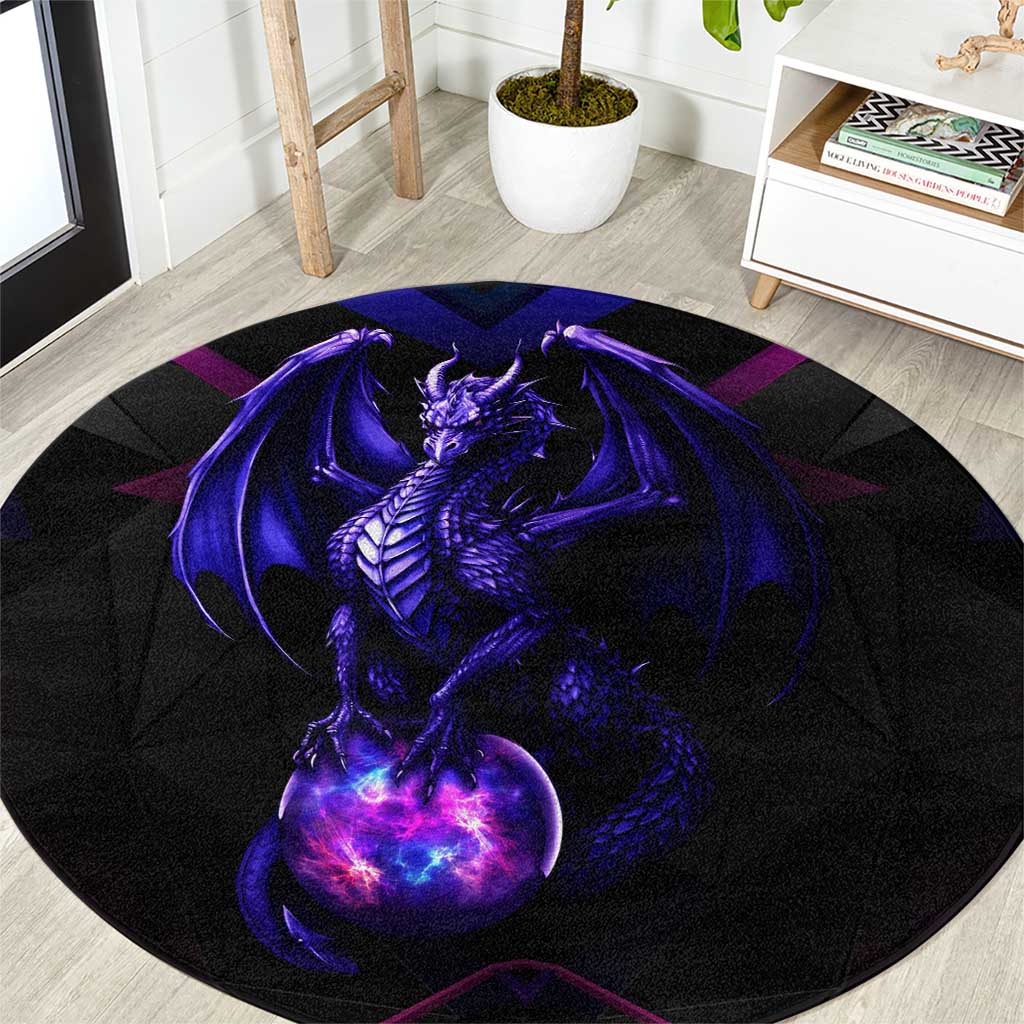 Round black carpet rug with purple dragon and glowing orb magic graphic