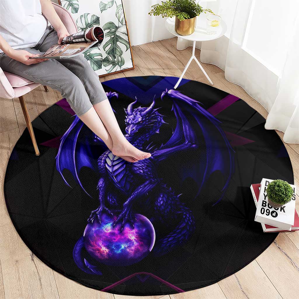 Round black carpet rug with large purple dragon graphic and glowing orb design