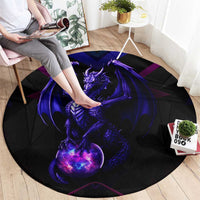 Round black carpet rug with large purple dragon graphic and glowing orb design