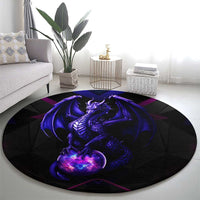 Round black dragon carpet rug with glowing purple winged creature and orb graphic