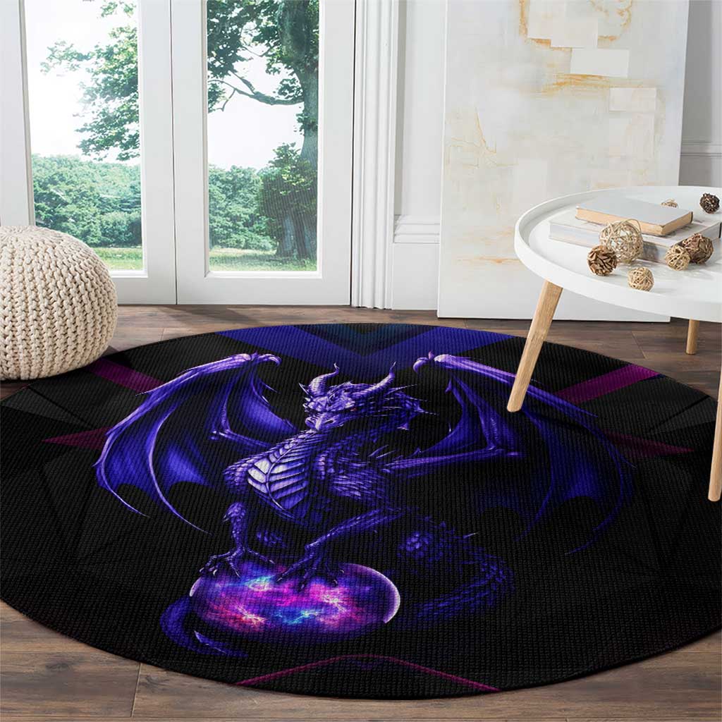 Round black carpet rug with purple dragon and glowing orb graphic on hardwood floor