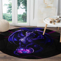 Round black carpet rug with purple dragon and glowing orb graphic on hardwood floor