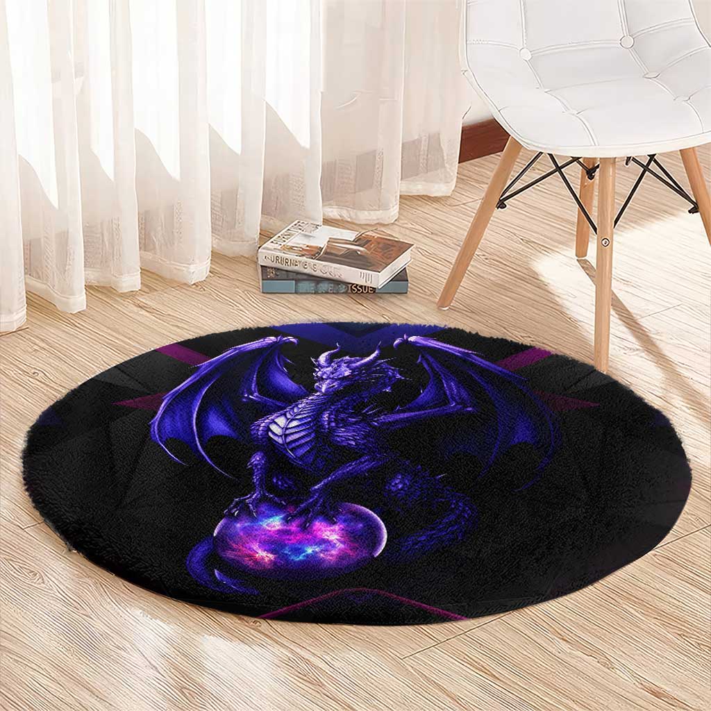 Round black carpet rug with purple dragon orb graphic shown on light wood floor