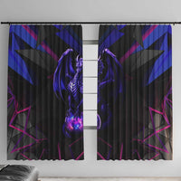 Black window curtain with purple dragon graphic and blue geometric arrows