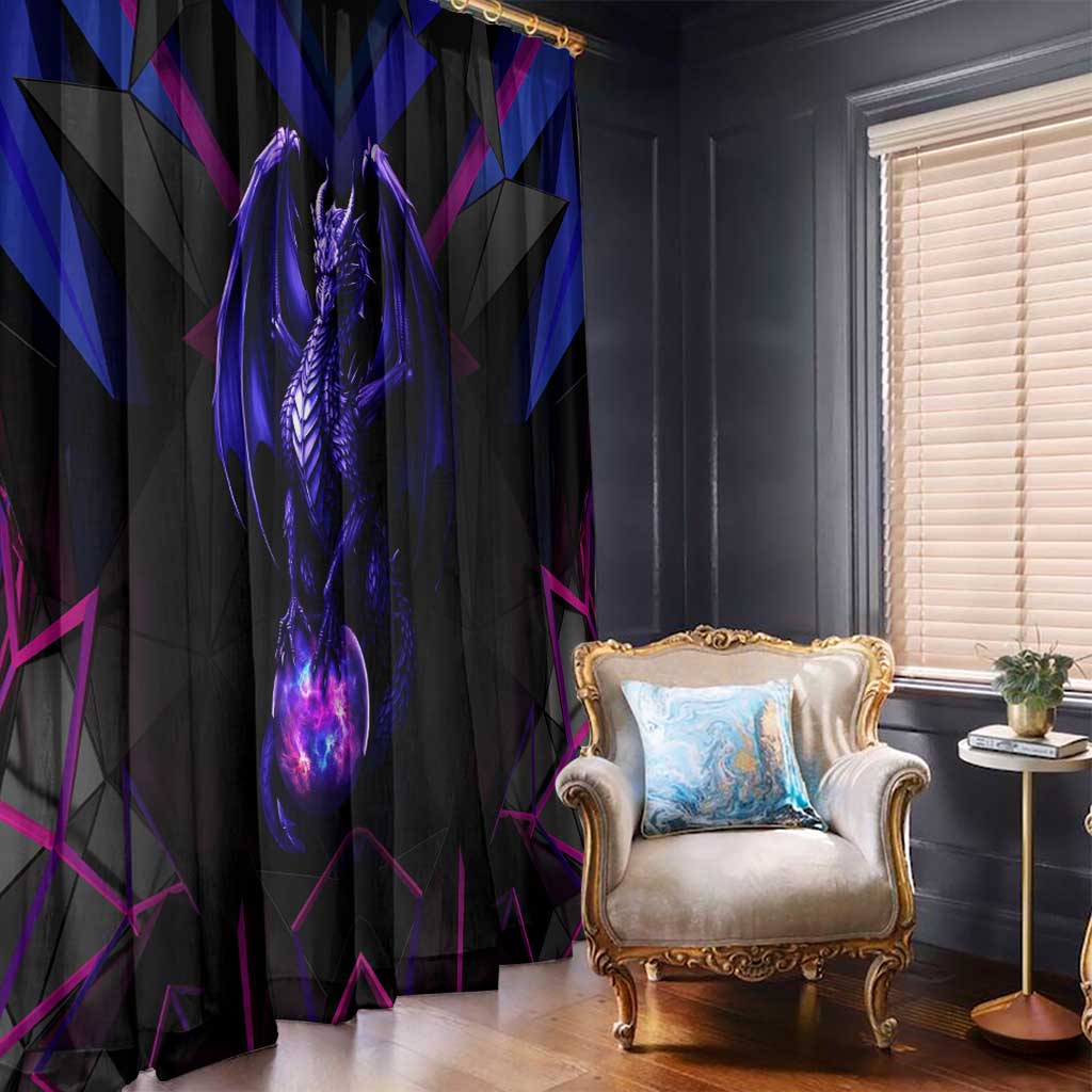 Black hanging window curtain with glowing purple dragon and blue-magenta geometry