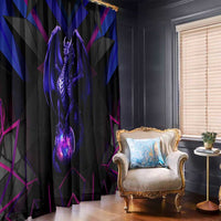 Black hanging window curtain with glowing purple dragon and blue-magenta geometry