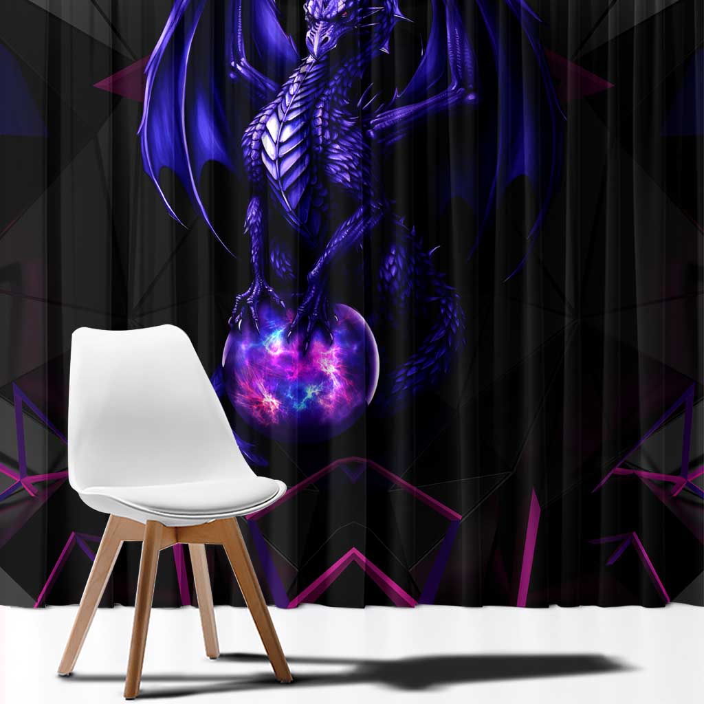 Black window curtain close-up with glowing purple dragon art and blue geometric shapes