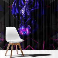 Black window curtain close-up with glowing purple dragon art and blue geometric shapes