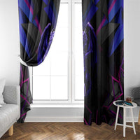 Black window curtain with purple dragon design and blue-magenta geometric panel accents