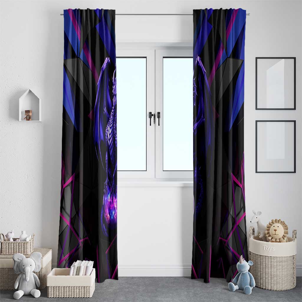 Black dragon window curtain set with blue and magenta geometric pattern, hanging pair