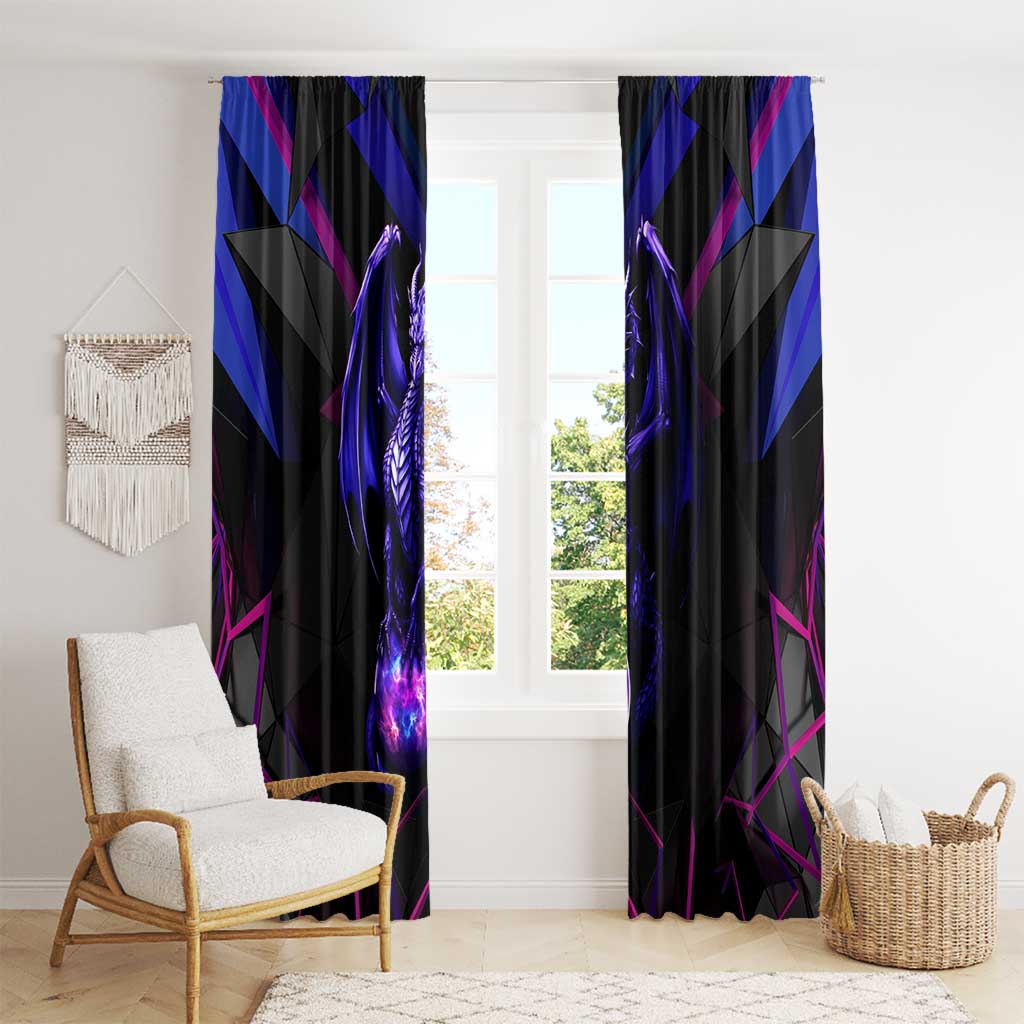 Black window curtain pair with glowing purple dragon and neon blue geometric design
